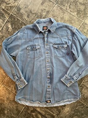DICKIES Light Blue Denim Snap-Button Western Yoke Rodeo Ranch Grunge Work Shirt